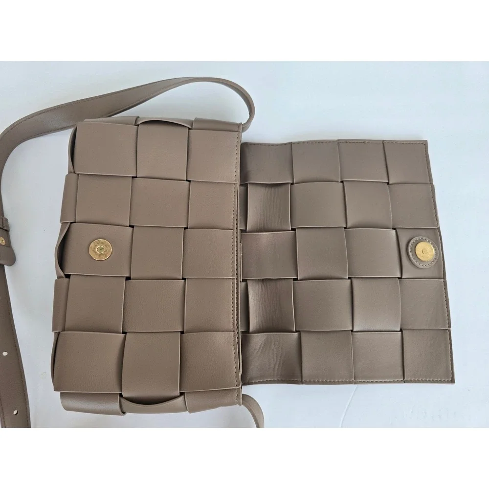 Woven Leather Crossbody Bag Taupe Woven Flap Shoulder Bag Neutral